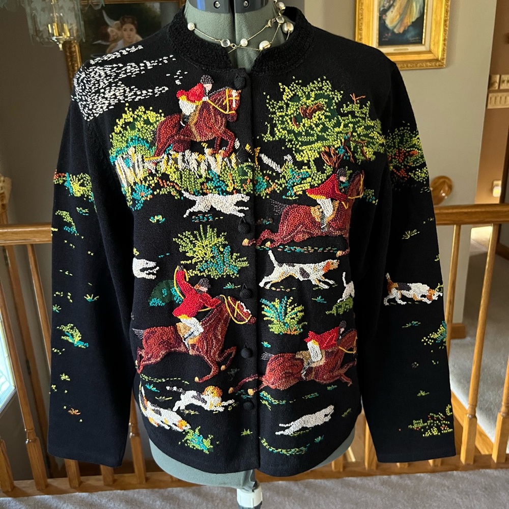 Michael Simon M L Horse Hunt Dog Sweater Cardigan equestrian Kentucky derby